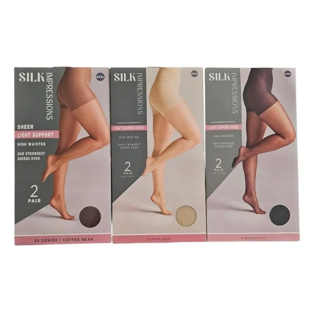 Silk Impressions Sheer Light Support High Waisted Pantyhose 3-Pack 6 Pair XXXL